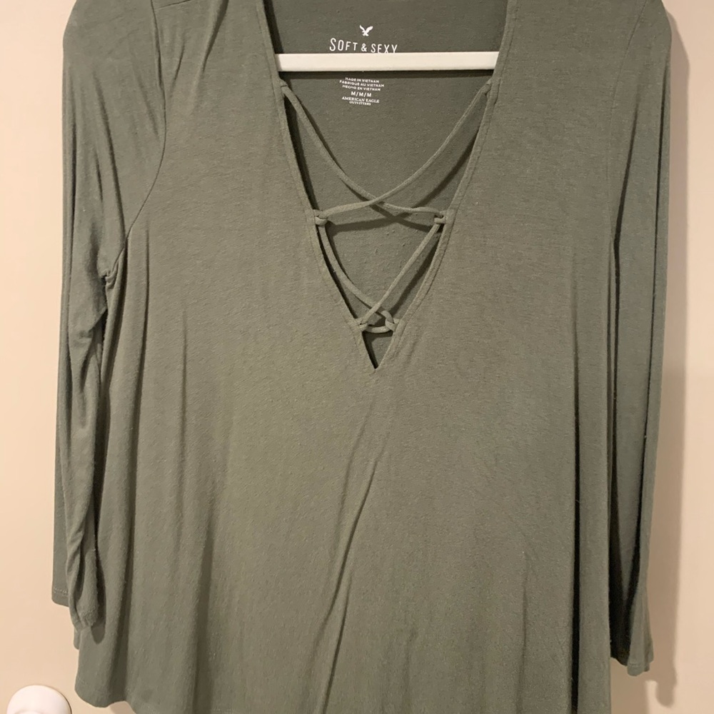 American Eagle Olive Lace-Up Soft&Sexy Top, Size M